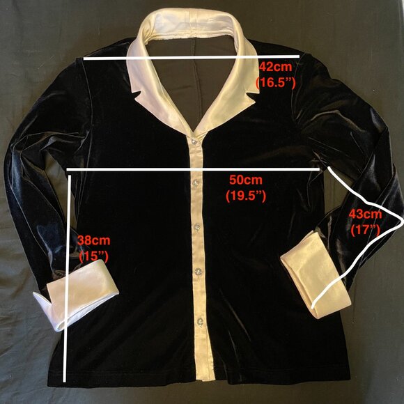 Black Velvet Long Sleeve Button Up Blouse with white collar and hand cuffs - Picture 4 of 8